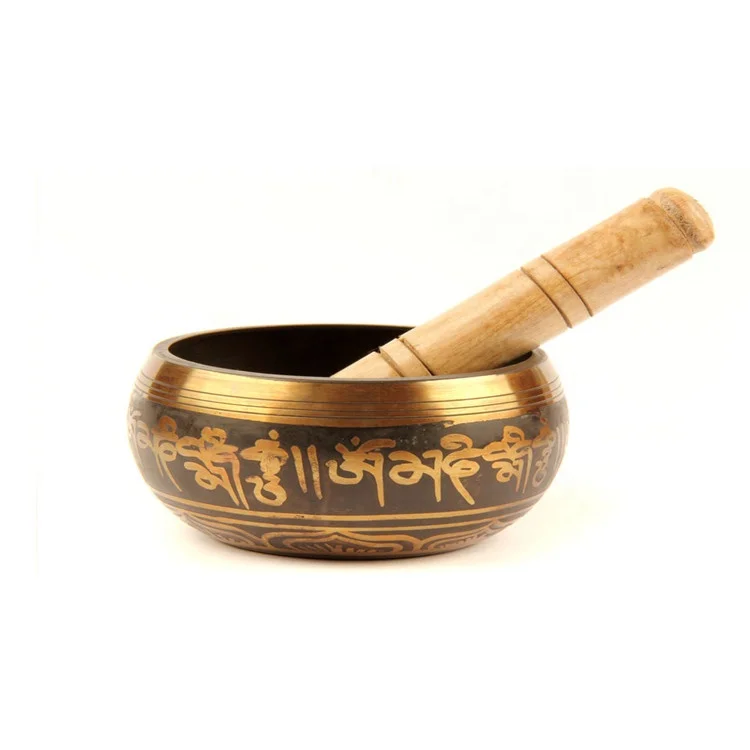 Buddhist Yoga Meditation Bowl - Tibetan Singing Bowl With Suede Striker - Mantra Om Mani Tibetan Singing Bowl