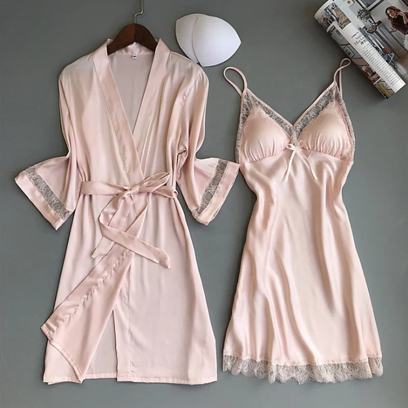two pieces long sleepwear long dress V-collar sleep dress with gown nightties