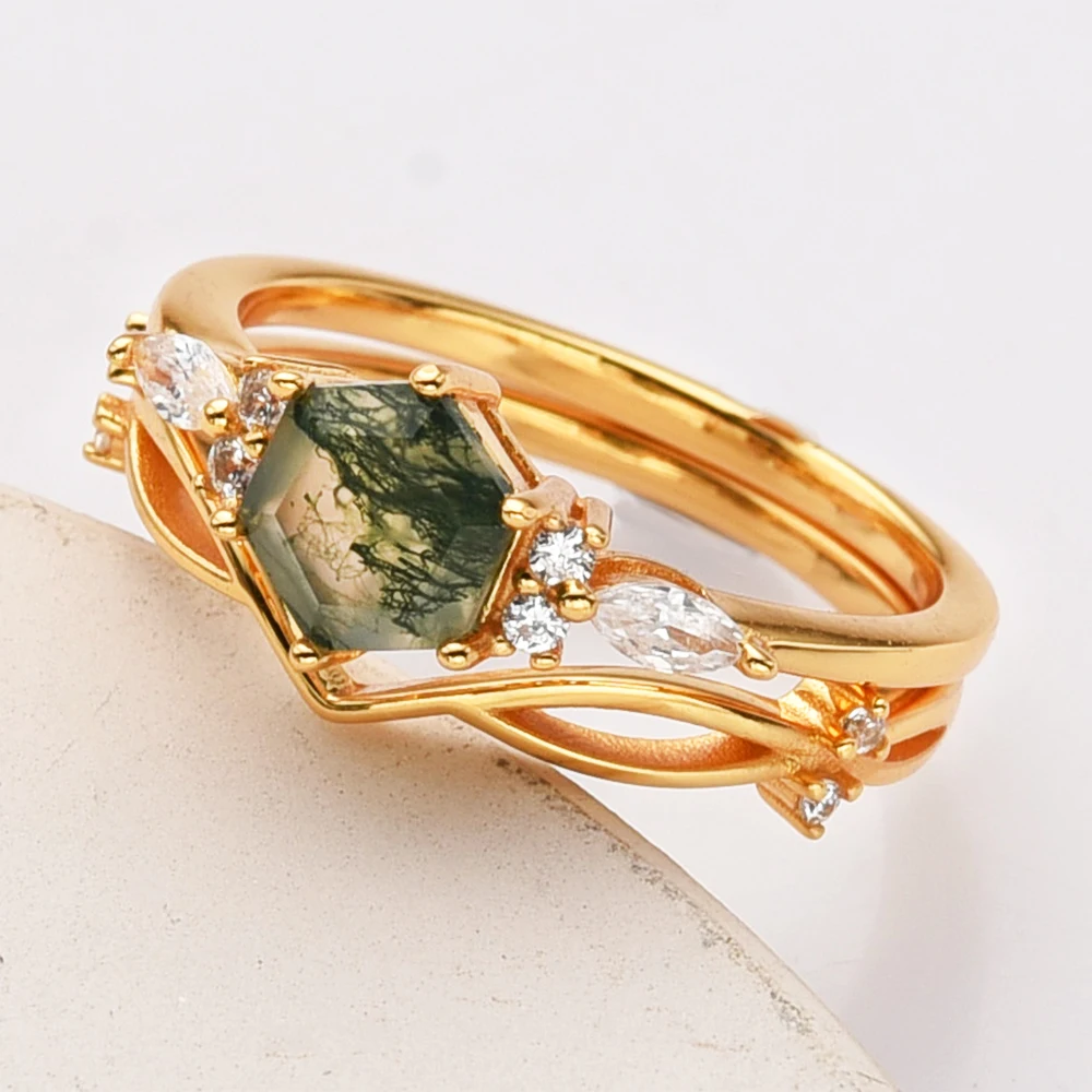 Luxury Fine Jewelry 925 sterling silver bridal engagement wedding ring women moss agate ring