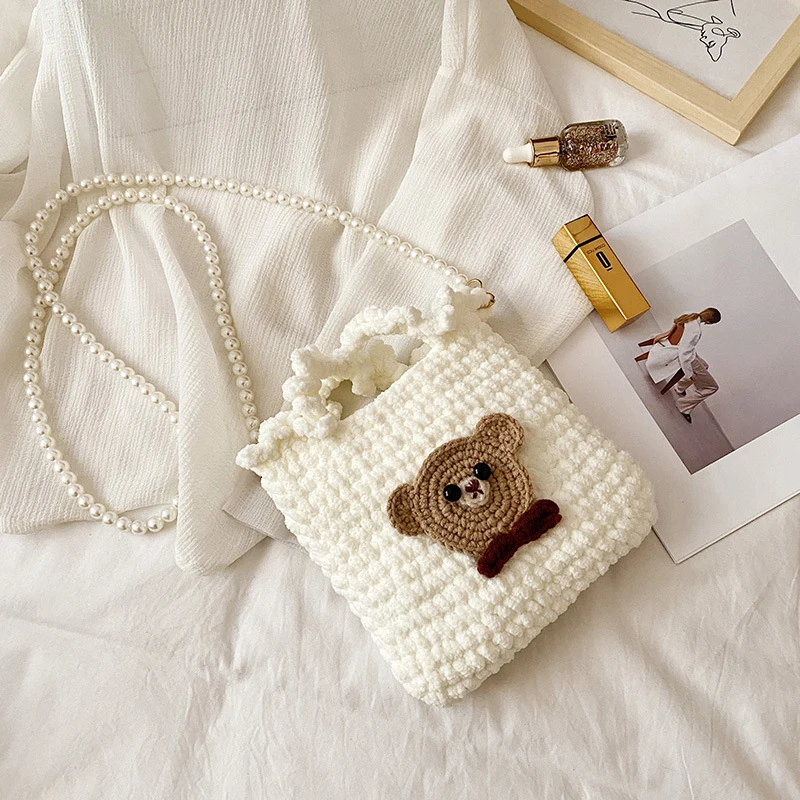 Hand-woven cute bear hand-knitted wool crochet material bag handmade bag self-made diy bag