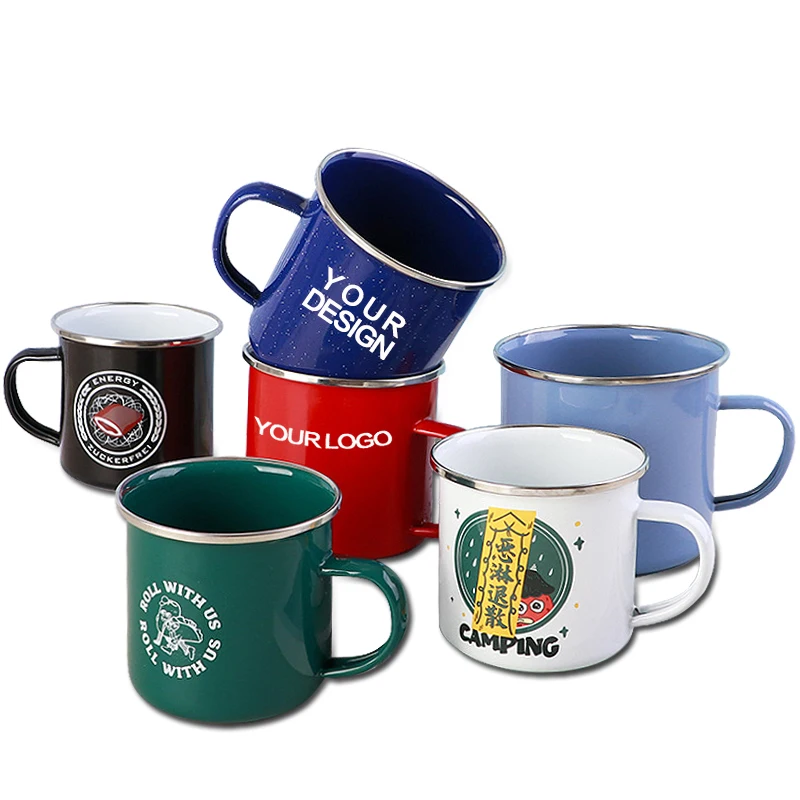 wholesales custom logo reusable rolled rim metal steel tin sublimation blank coffee tea cup enamel camping mug with handle