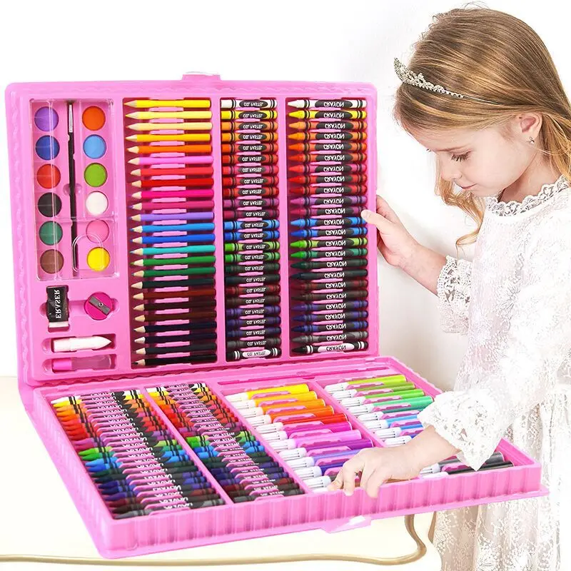 Non-Toxic Kids Plastic Case Watercolor Pen Colour Pencil 208 Pieces Art Drawing Set With Easel Kit