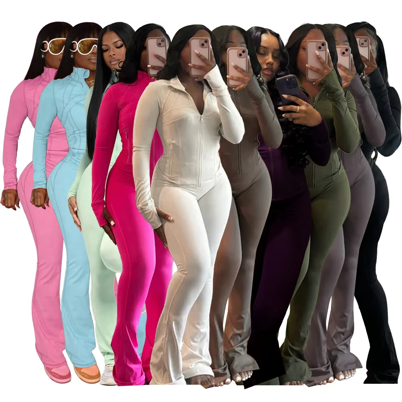 10 Colors hot selling casual stretch two pieces activewear set with slim crop top sweatshirt and high waist flare leg pants