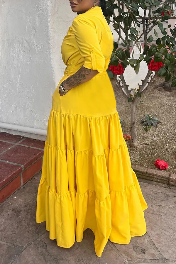 2023 однобортное длинное платье макси с поясом на пуговицах и оборками