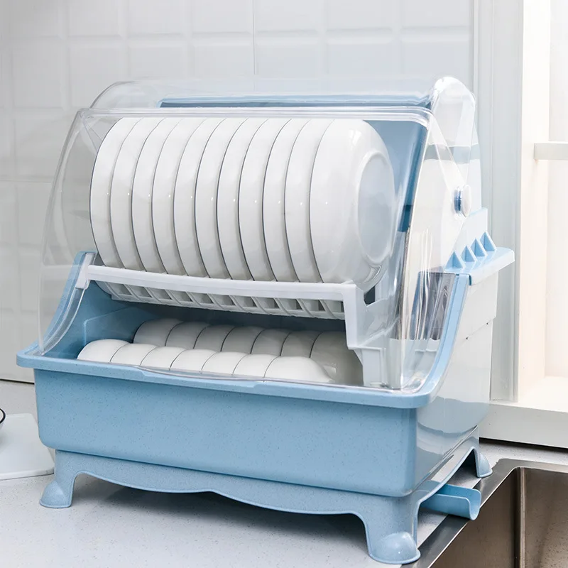 Kitchen Plastic Storage Holders two layers Plastic Dish Drying Rack with Dust Cover