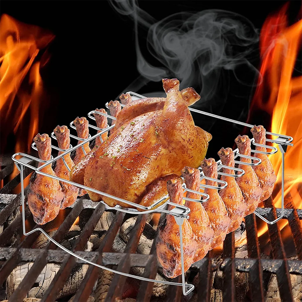 3-in-1 Stainless Steel BBQ Rib Rack Chicken Rack to Holds 12 Chicken Legs and 6 Ribs, Grilling Smoking Rib Holders Chicken Stand