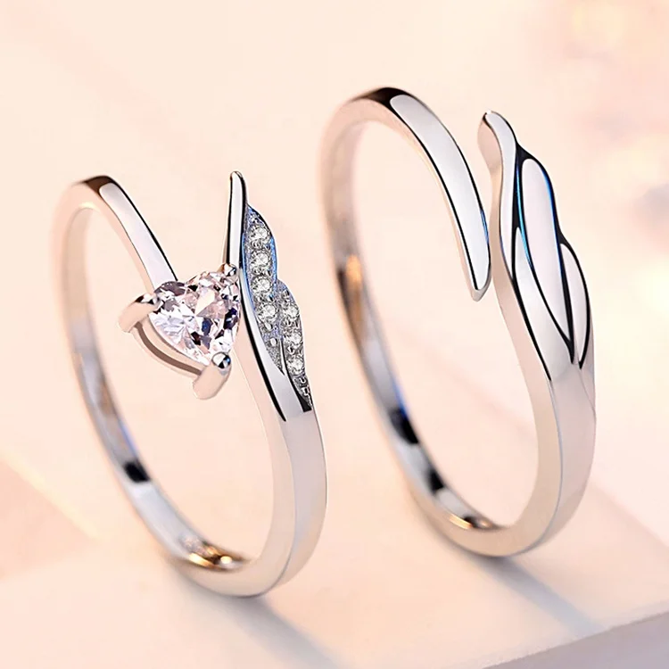 Fashion Angel Wing Couple Ring Zircon Wedding Engagement Ring 925 Sterling Silver