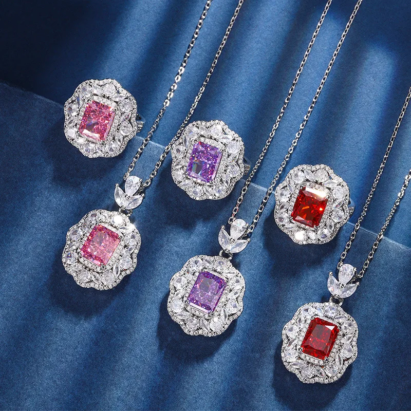 Fashion Jewelry Brass Inlay 8*10 Ice Flower Cut High Carbon Diamond Square Pendants Necklace Ring Bridal Wedding Jewelry Set