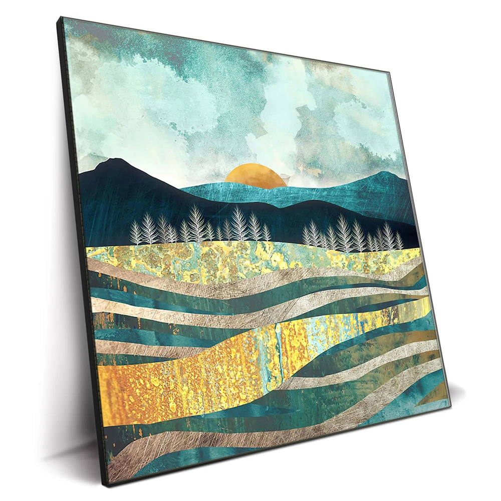 Abstract Geometrical Aesthetic Wall Art with Gold Foil Canvas Painting Ready to Hang Home Decoration
