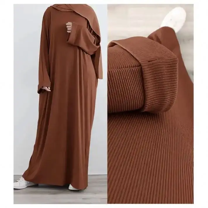 Dubai 2024 Plus Size Modest Eid Ramadan Knitted Turkey Maxi Dress Muslim Fall Winter Ribbed Ladies White Abaya Islamic Clothing