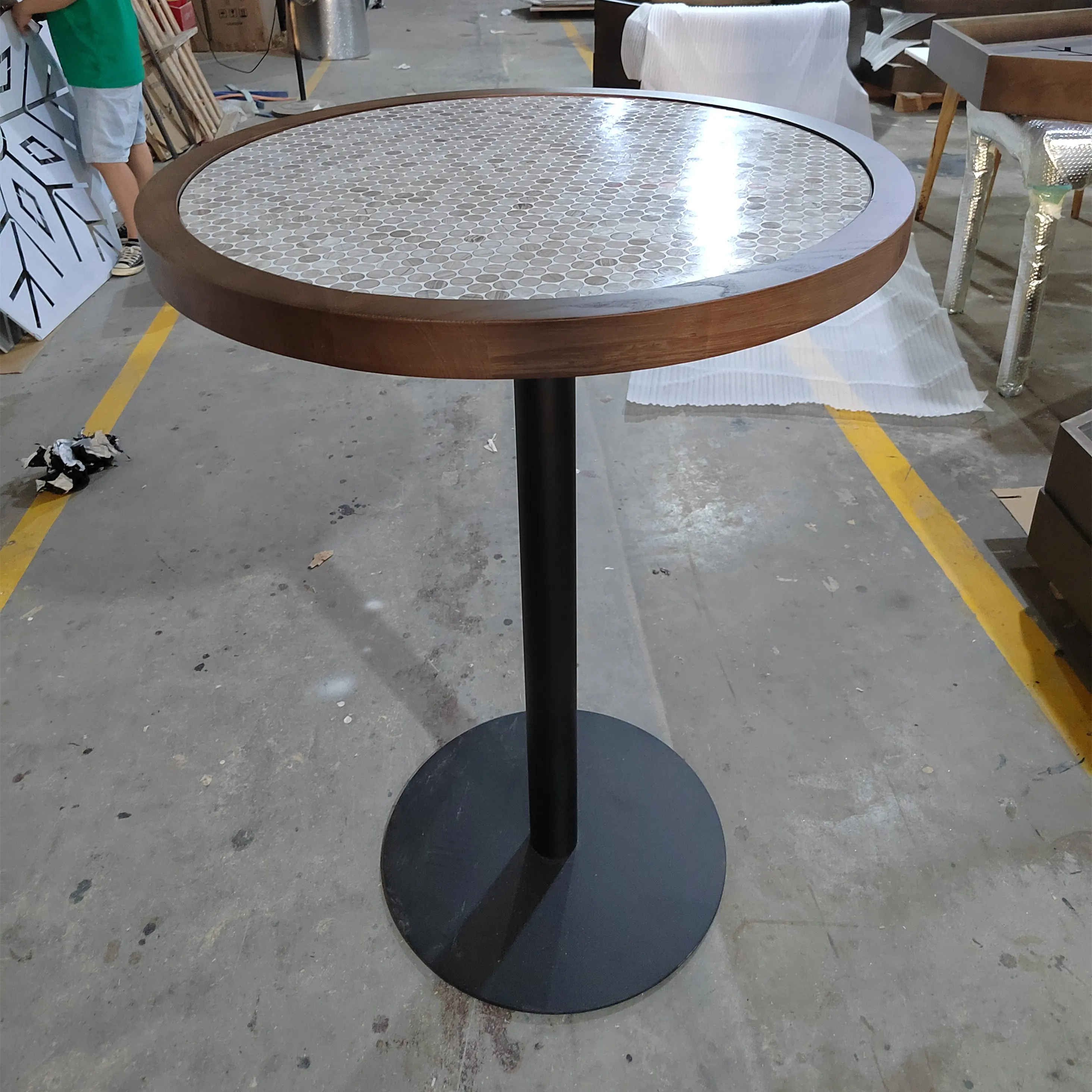 Bistro Pub Furniture Rustic Mosaic Top with Timeber Edge Cocktail Table Metal Base Round Bar Table
