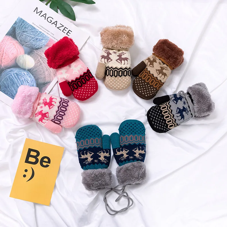 Full Finger Kids Gloves Winter Warm Knitted Mittens Plush Thicken Christmas Gloves For Infant Boys Girls