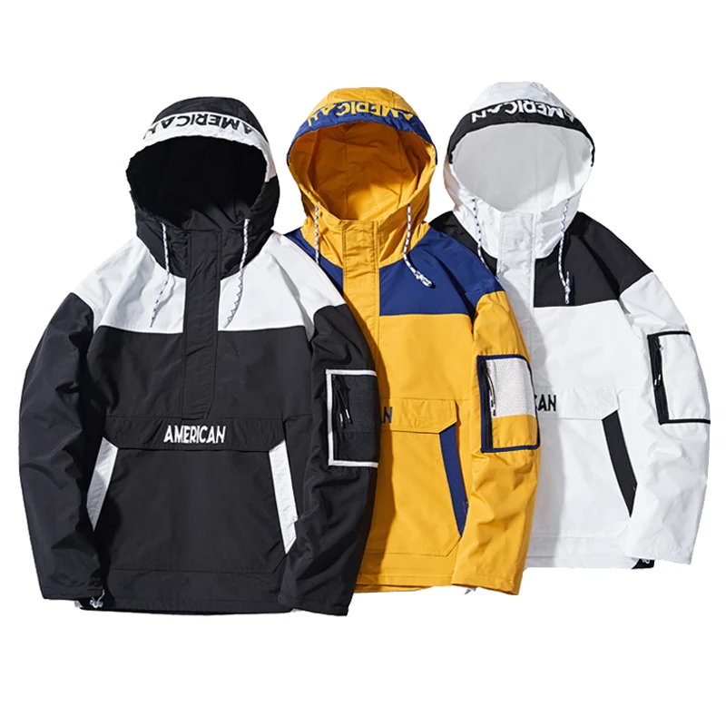 OEM Custom Hooded Coat 2021 Men Spring Patchwork Color Block Pullover Windbreaker Jacket Clothing Hoodies Men Coat