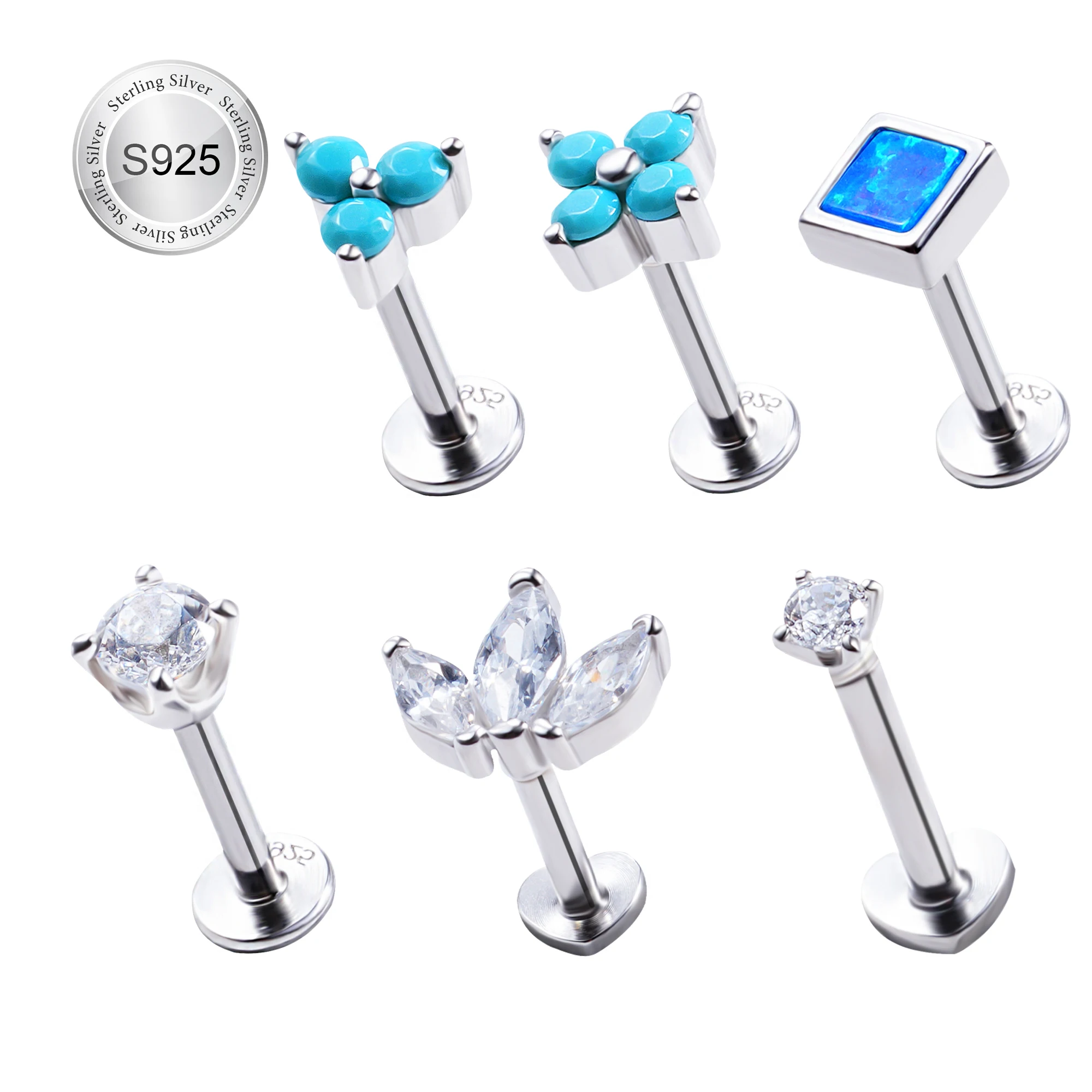 2024 The Latest Design Jewelry Six Prong Set CZ Opal Top Internally Threaded Silver Labret Piercing Wholesale