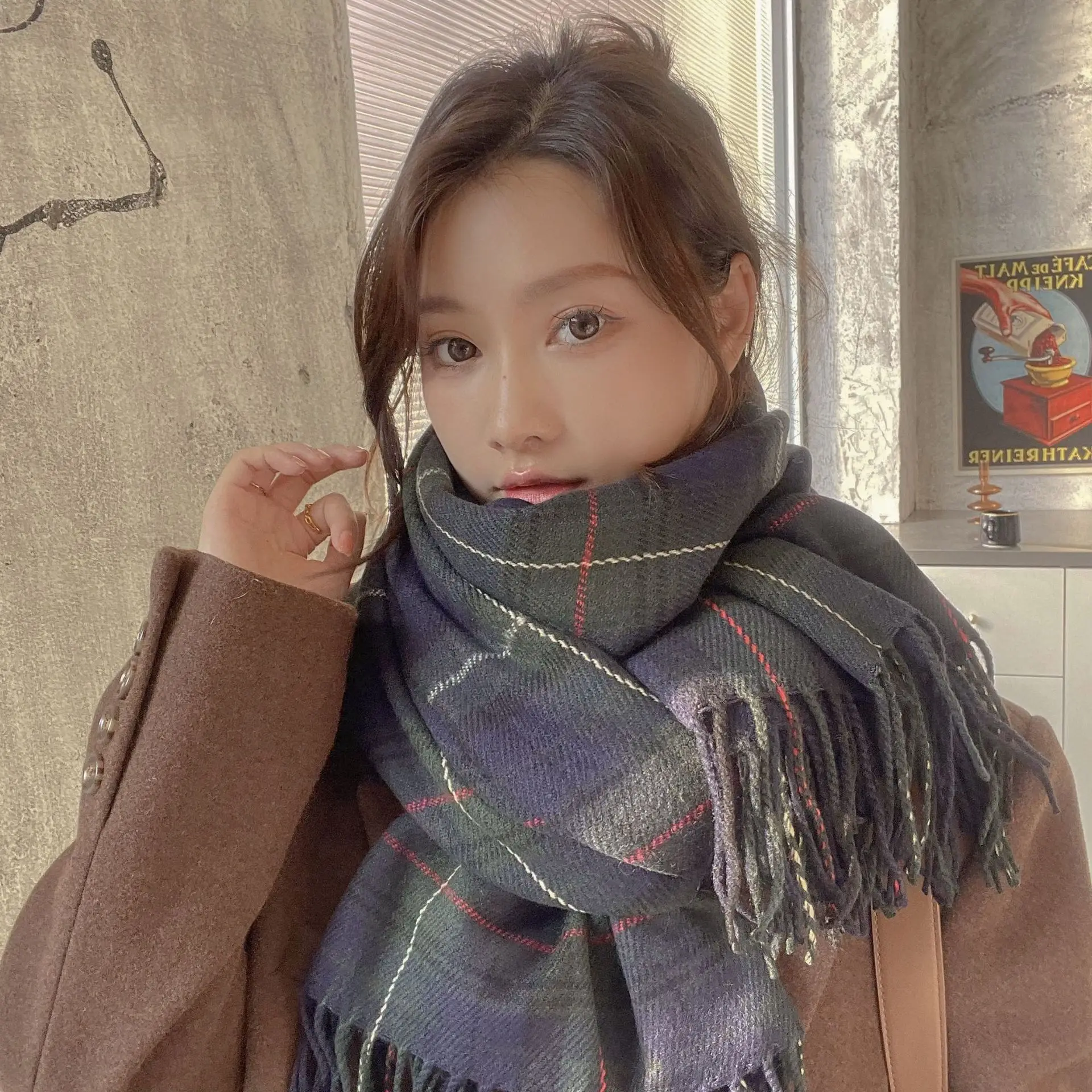 Wholesale New Warm Women Autumn And Winter Lovely Plaid Thick Scarf Tassel Shawl