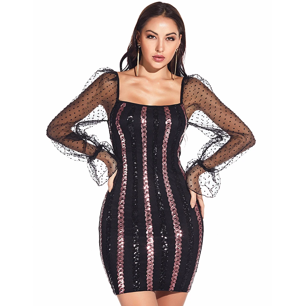 
Amazon Hot Sale Ladies Mini Dresses Sexy Bodycon Patchwork Sequin Cocktail Dresses 