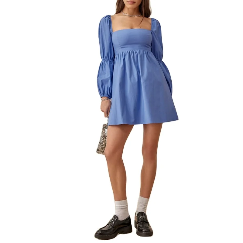 New arrival mini dress baby doll dramatic Double puffed sleeves blue Unlined skirt mini casual dress for women