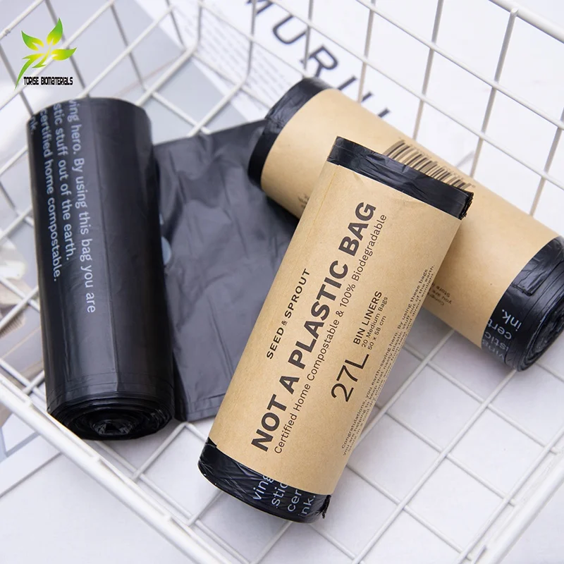 100l Eco Friendly Wholesale Cornstarch Custom Black 100% Biodegradable Compostable Plastic Garbage Bags On roll