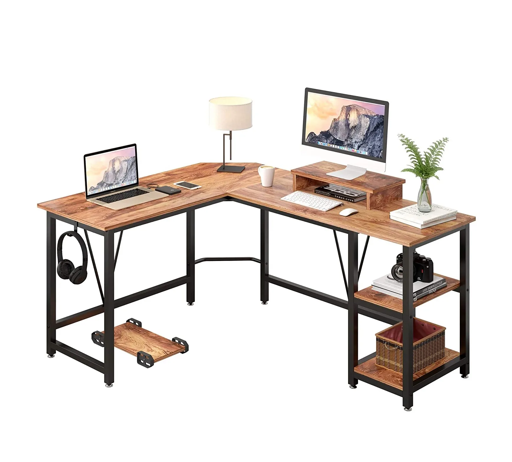 L-shape modern style wood and metal frame computer desk with 2-tier shelf