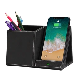 10w Qi Certificate Leather Desk Organizer Wireless Charger Pen Holder for iphone 13