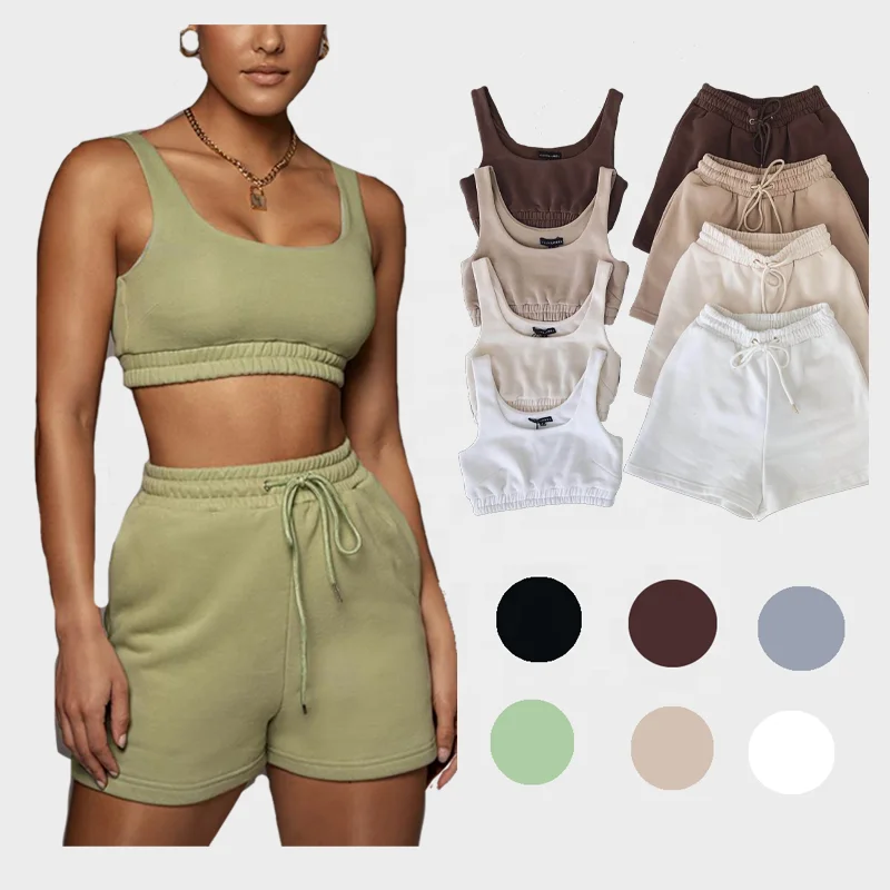 
INS Hot Sale Summer Matching Tracksuit Crop top Bra and Biker Pocket Shorts Outfit Two Piece Short Sets  (1600204511820)