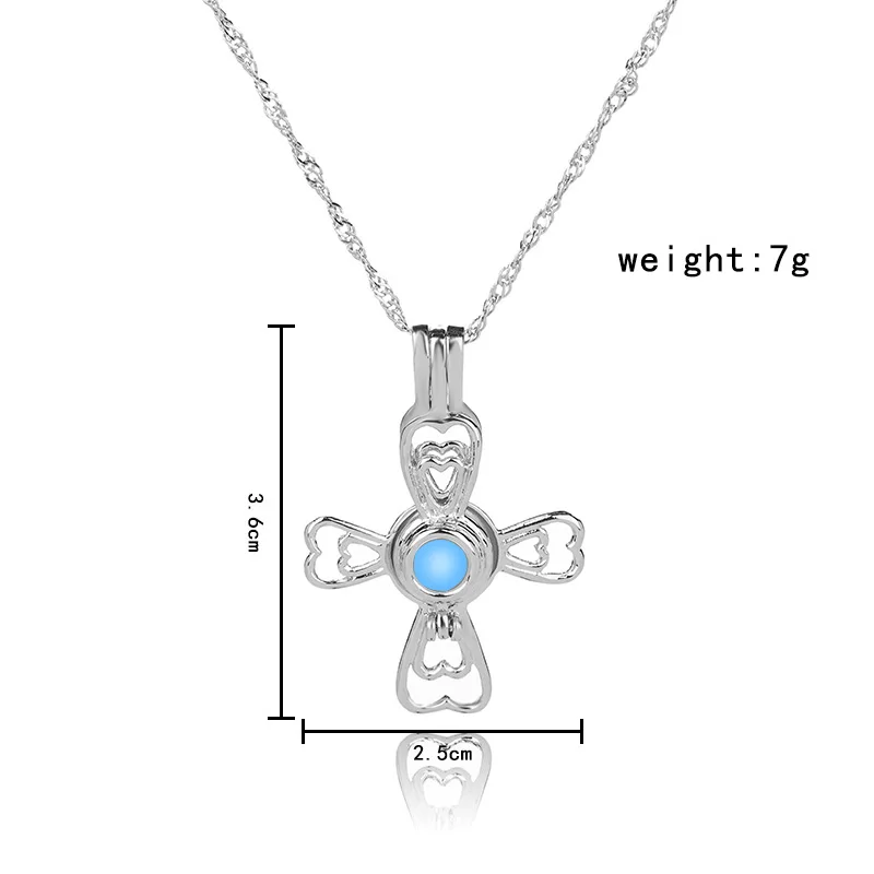 Glow In The Dark Double Hollow Love Heart Cross Cage Locket  Pendant Necklace For Women Men
