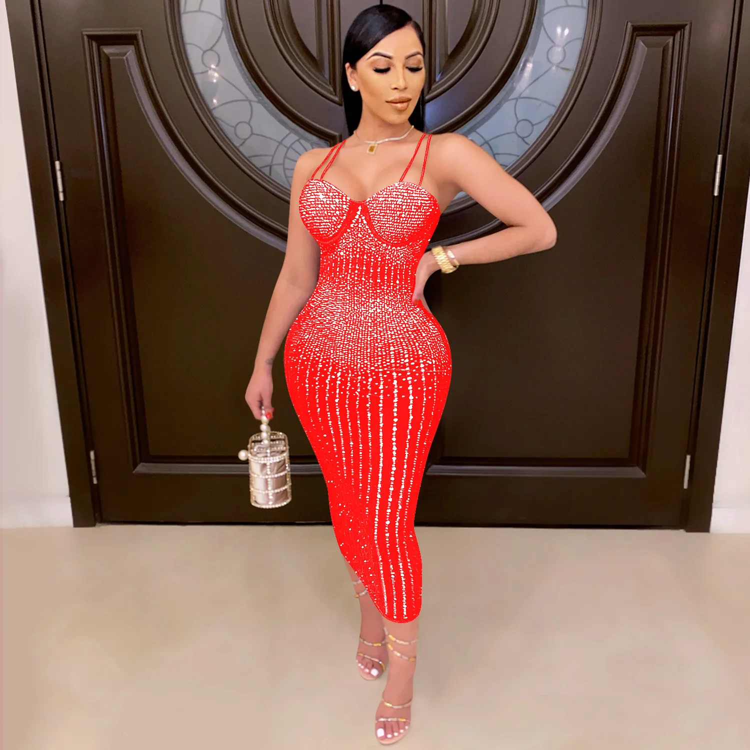 2022 Hot Popular Sexy Dress Women Shiny Sleeveless Deep V Neck Halter Backless Party Bodycon Dress Sexy Halter Dress For Lady