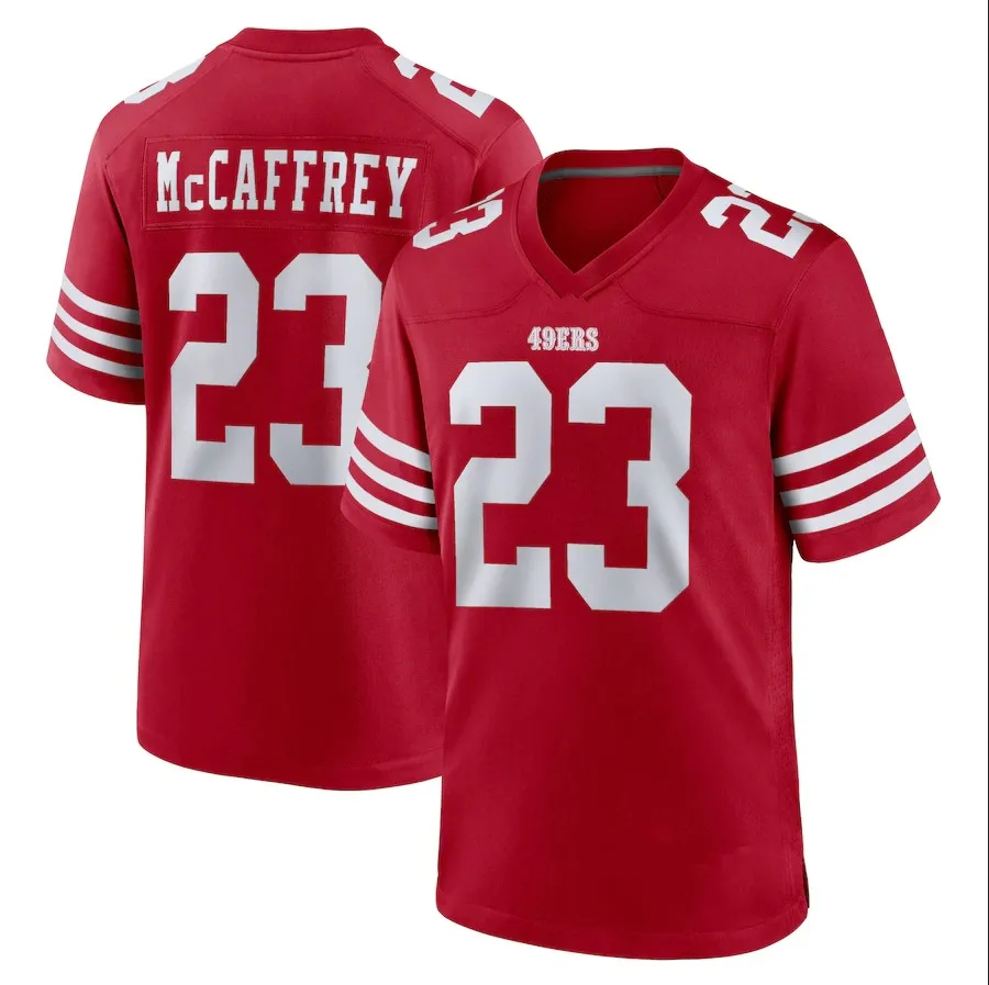 San Francisco #23 Christian McCaffrey 13 Brock Purdy 29 Talanoa Hufanga football Jersey