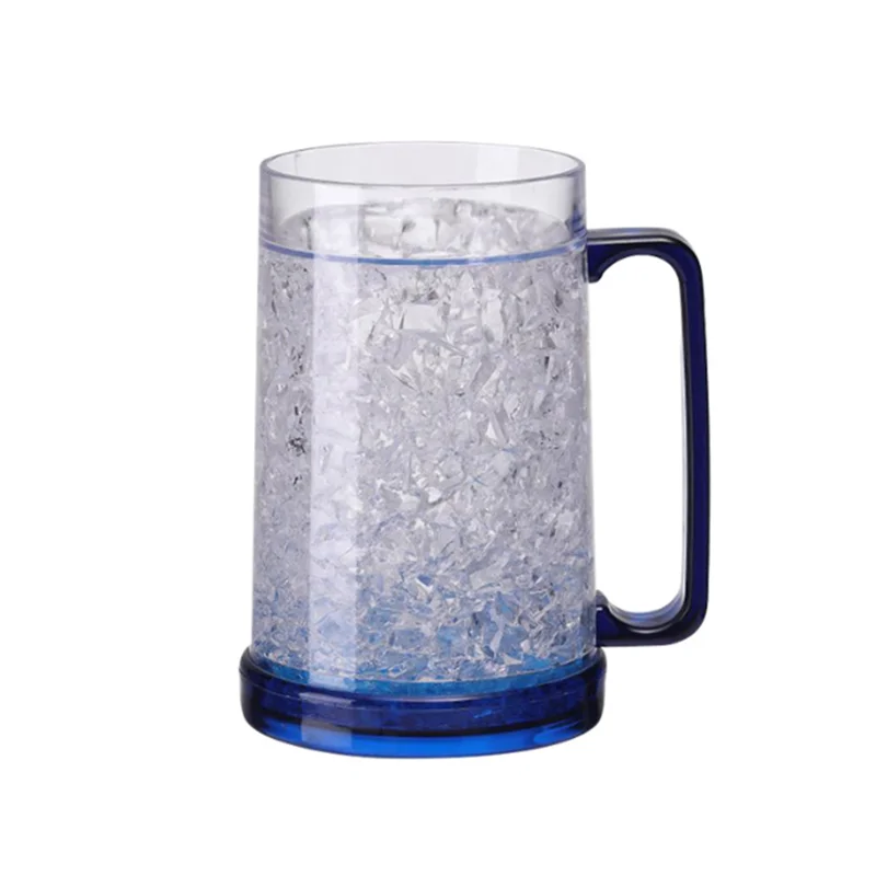 Double Wall Gel Frosty Freezer Ice Cooling Mugs 16oz Plastic Beer Cup with Handle