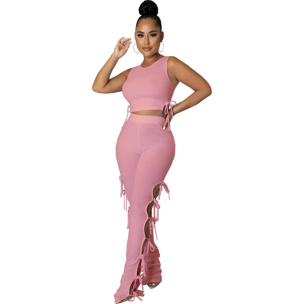 2022 New Trendy Custom Logo Crop Tops Two Piece Set Tank Tops Long Hollow Out Pant Women 2 Piece Summer Set