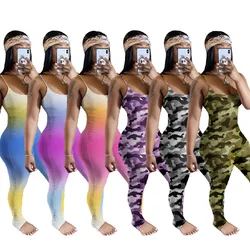 FM-Y308 Multicolor printing pleated sling jumpsuit camouflage pants women