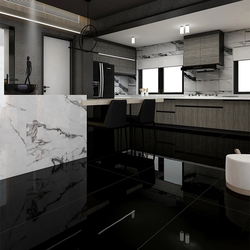 Foshan brick pure black tile 600x1200 glossy marble floor soft light kitchen and bathroom wall tile black matte floor tile