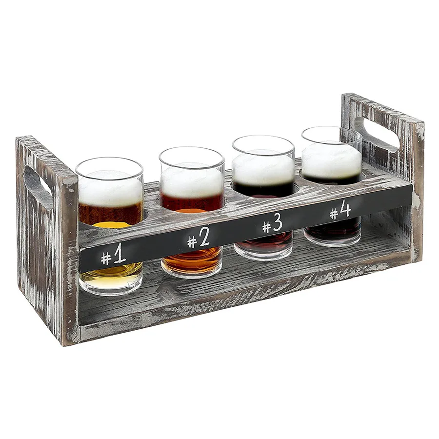 Rustic Torched Wood Craft Beer Flight Tasting Serving Tray With 4 Glasses And Chalkboard