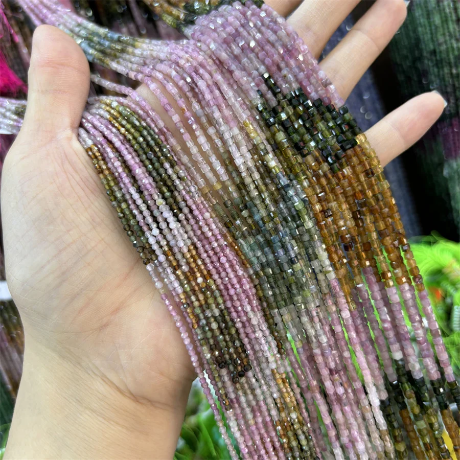 HUI RUI Natural Gradient Tourmaline  2mm 2*2mm 3*3mm Faceted Cutting Loose  Beads Faceted Cube Beads  for Jewelry Making