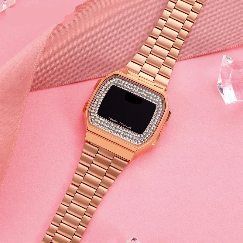 Classic Luxury Square Diamond Dial stainless steel band female LED electronic WristWatch