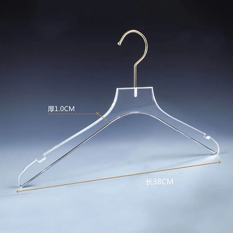 Clear Acrylic Clothes Hanger with Gold Hook Transparent Shirts Dress Hanger with Notches for Lady Kids