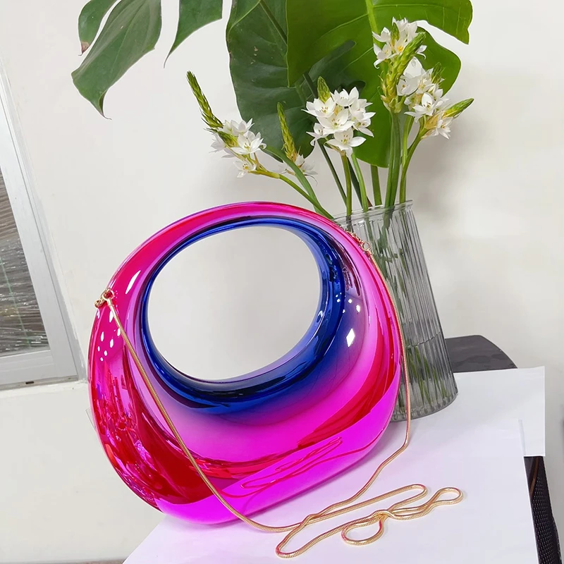 Trendy Stylish Metallic Foil Gold Hobo Handbag Half Moon Elegant Ladies Acrylic Clutch Evening Bag for Women