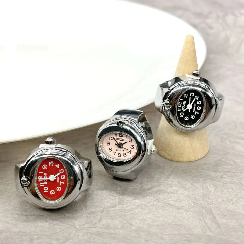 Classic Oval Dial plate Pattern Ring Watch Small Finger Watch Ring Dial Quartz Elastic Watchband Ring Watches