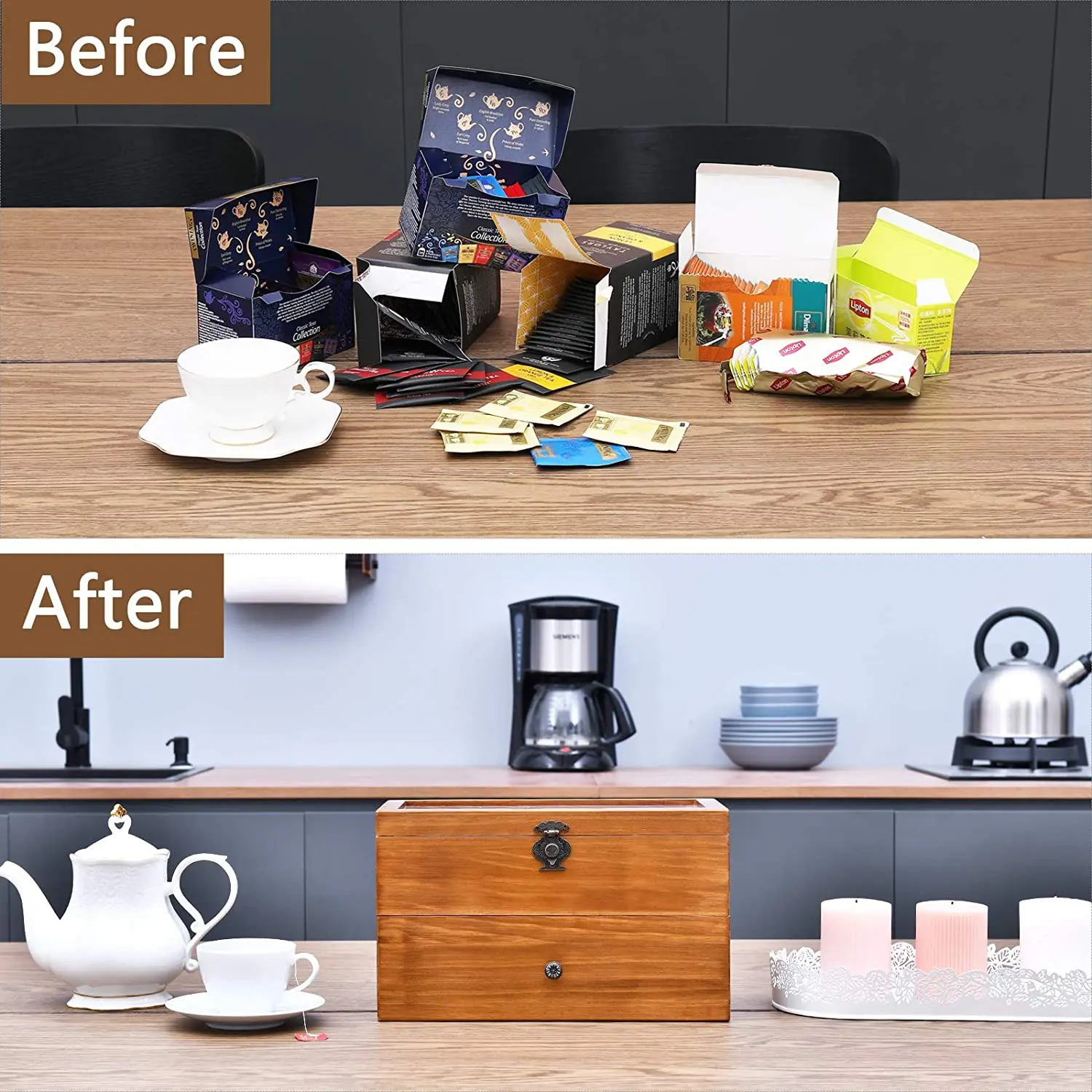 Large Capacity Vintage Wood Tea Bag Box Tea Storage Chests with Clear Lid Wooden tea box
