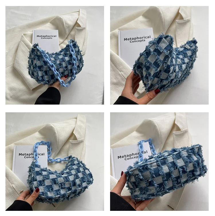 Denim Slippers Bucket Hat Purse Handbag Bag Set Cowboy Checkerboard Wedges Heels Flat Slides Slippers for Women Lady