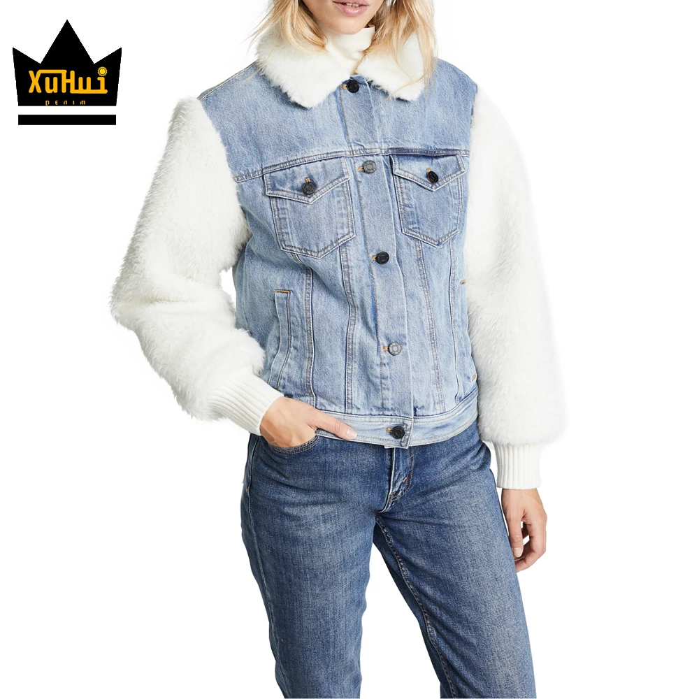 Ttop grade borg fur sleeves women jean jacket with fleece collar
