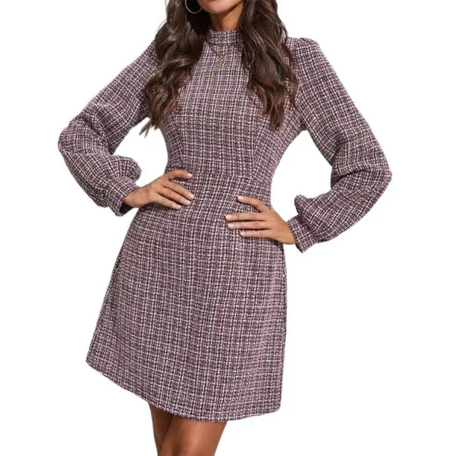 Женское платье с длинным рукавом клетчатое деловое воротником-стойкой и рукавами-фонариками Осень-зима