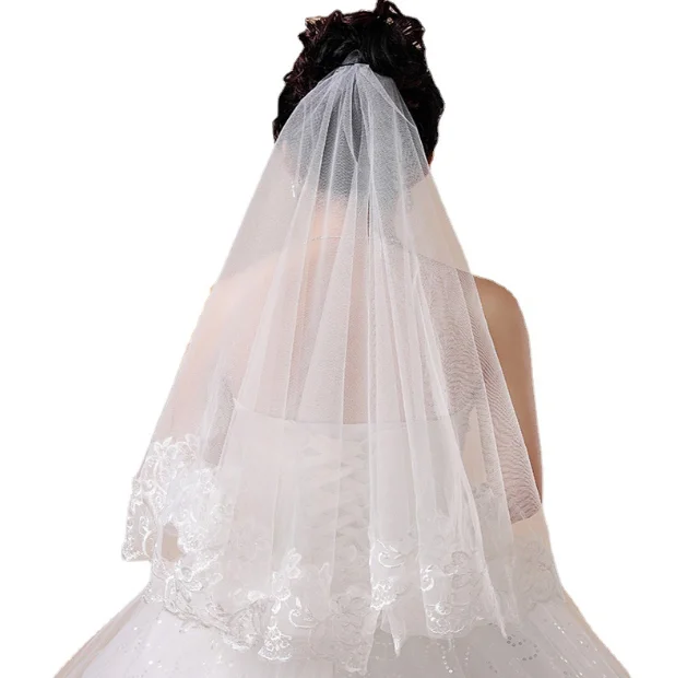 Hot wedding accessories white lace bride veil long embroidery veil