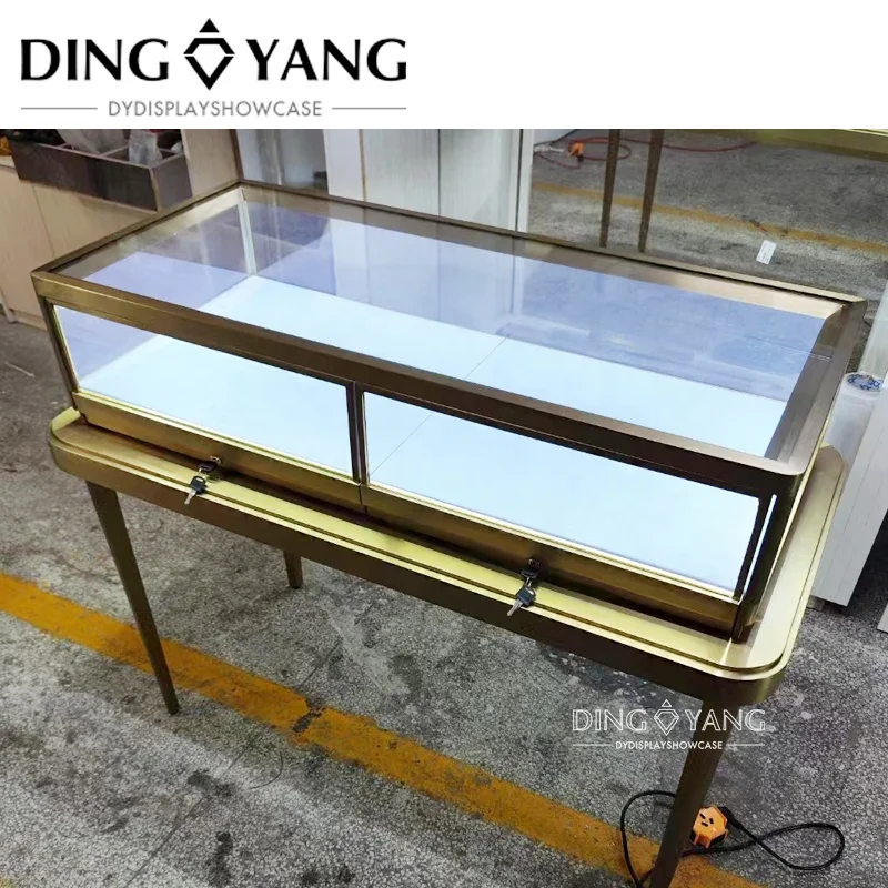 Customized Nice Design Fashion Rectangle 48 X 22 X 38 INCHES Brush Golden Jewelry Glass Showcase With Bright Led Lights