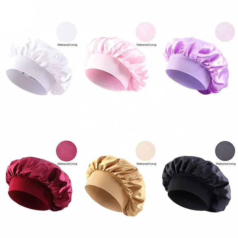 Waterproof polyester Luxury Satin EVA Shower Caps for Women Reusable Bath Hair Cap Fashion Bowknot Shower Hat with Elastic
