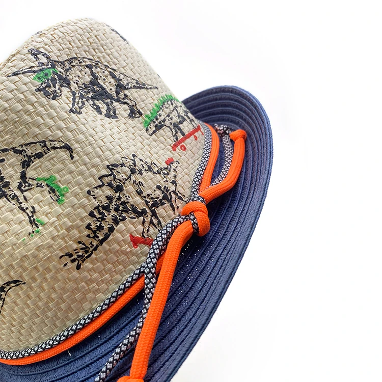 Разноцветная детская Соломенная пляжная шляпа с принтом динозавра, Федора с полосатой лентой