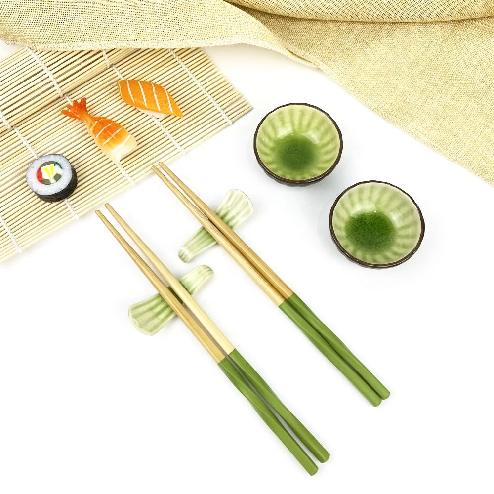Custom Gift Set Ice Crack Ceramic Green Plate Dish With Bamboo Twist Chopsticks and Holder Sushi Tableware