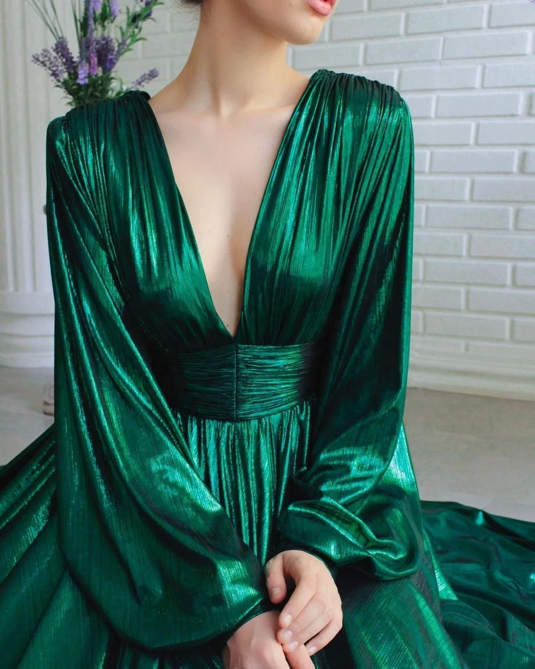 A0152 Fashion Green party dress deep V collar lantern sleeve buttons high waist big swing elegant high quality women dress