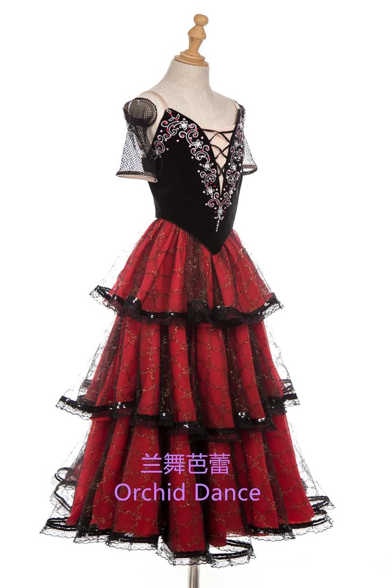 Новинка детская одежда для девочек и женщин взрослых испанских танцев балетные романтические красные черные костюмы-пачки