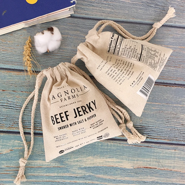 Custom Logo Natural Canvas Cotton Linen Drawstring Bag for Salt Beef Farm Packaging